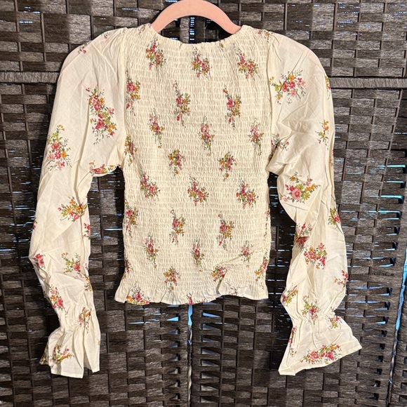 ASOS Design Cotton Shirred Blouse in Floral Long Sleeve Cream Floral Size Small - Picture 7 of 8